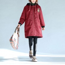 red thick warm zippered trench coats oversize prints long sleeve hooded winter outfits