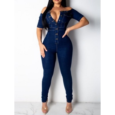 Collar Short Sleeve Buttons Bodycon Denim Jumpsuit Overalls HF2616-02-02 Collar Short Sleeve Buttons Bodycon Denim Jumpsuit Overalls HF2616-02-02