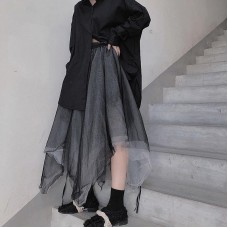 Heavy Industry Color Matching Mesh Irregular Hem Semi Black Skirt