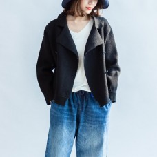 Stylish black woolen coats double breast short winter jackets casual style