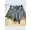 Slim Fit Blue Asymmetrical Design Tassel Diamond Cotton Denim Shorts