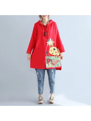 autumn red new hooded cotton coats plus size print big pocket cardigans outwear