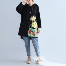 black warm cotton hooded cardigan prints oversize long sleeve trench coats