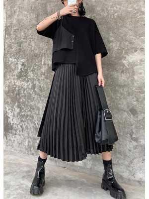 Pleated skirt high waist a-line fashion black stitching elastic waist skirt female summer