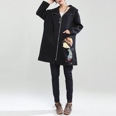 black winter thick cotton zippered cardigans plus size cartoon prints hooded trench coats